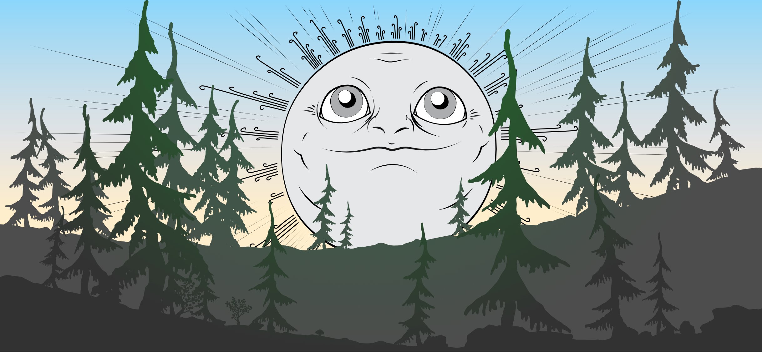 Illustrerat skogslandskap med sol